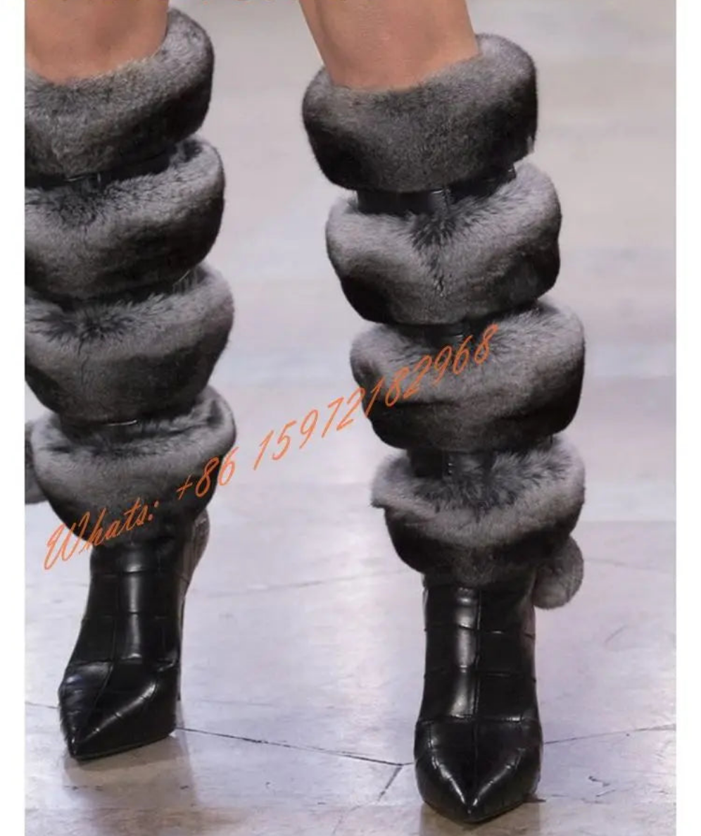 Cut-Out Women's Faux Fur Leather Pointed Toe Back Zipper Thin High Heel Knee High Runway Boots