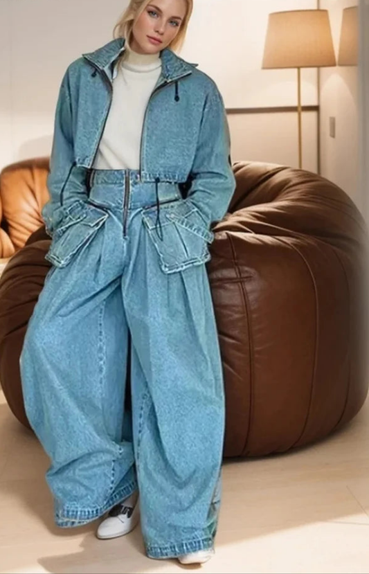Denim Ruched Women's Long Sleeve Cropped Zipper Jean Jacket + Oversized Pocket Detail High Waist Baggy Cargo Jeans 2-Piece Set