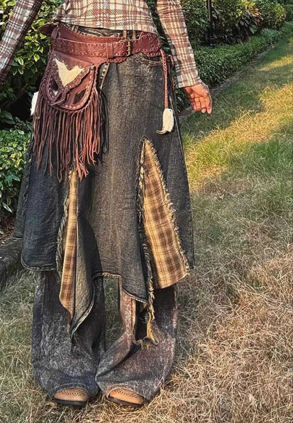Plaid Retro Denim Blue Ombre Asymmetrical Tartan Stitch Overlay Streetwear Jean Maxi Skirt