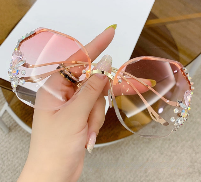 Ombre Gradient Rimless Vintage Bling Rhinestone Women's Sunglasses