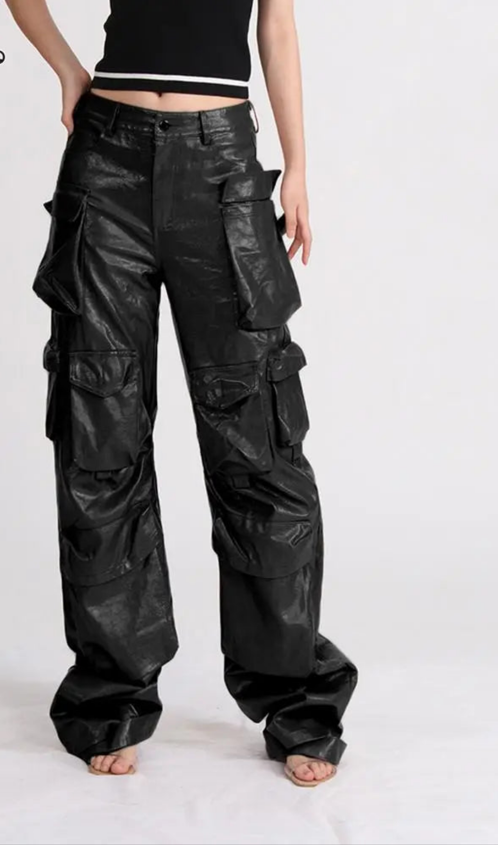 Patchwork Solid Color Baggy Stacked PU Leather Wide Leg Women's Cargo Pocketed Pants