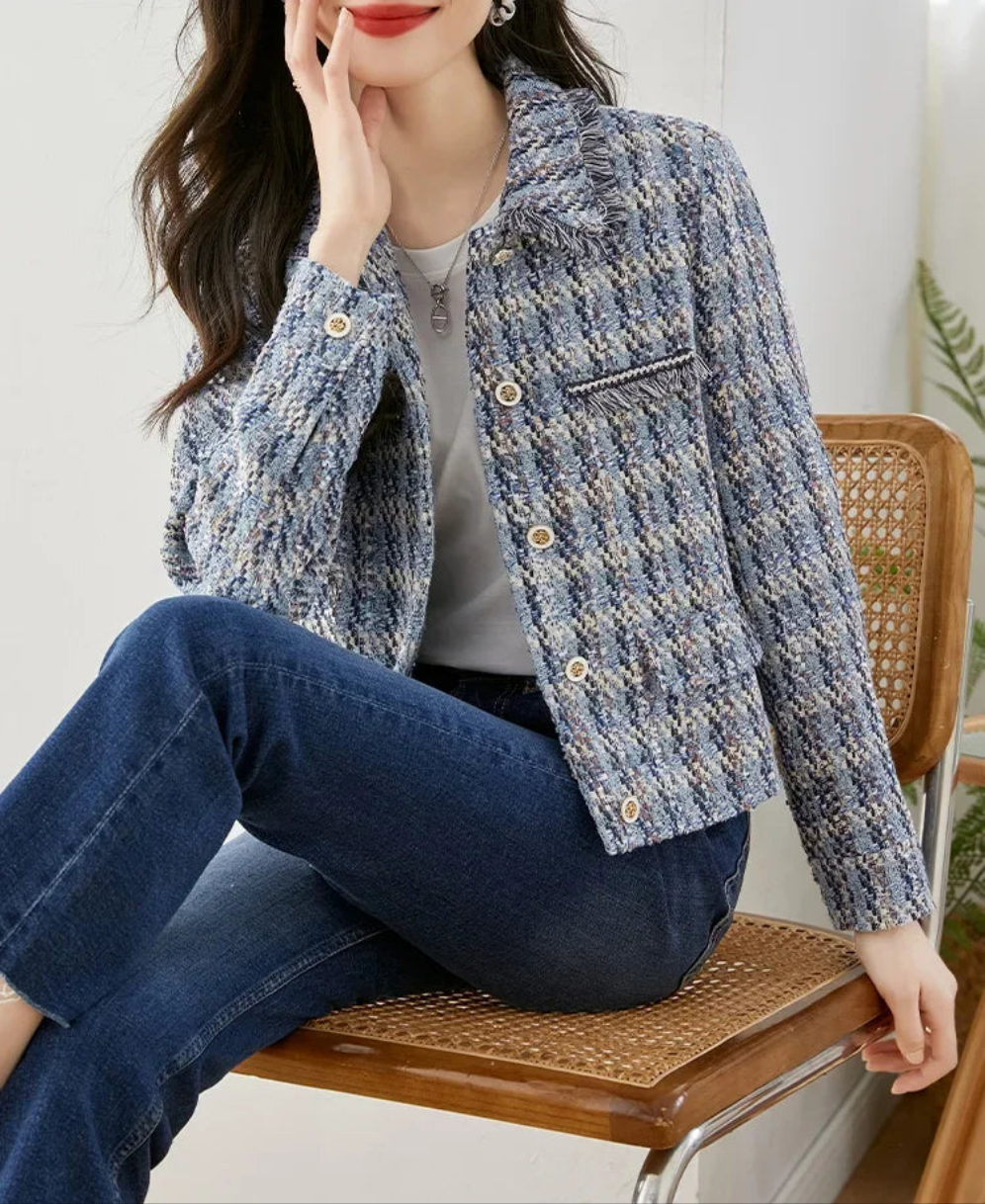 Plaid Cropped Tweed Wool Blend Tassel Blazer