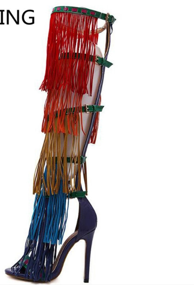 Rainbow Tassel Fringe Over-The-Knee Gladiator Open Toe Platform Sandal Boots