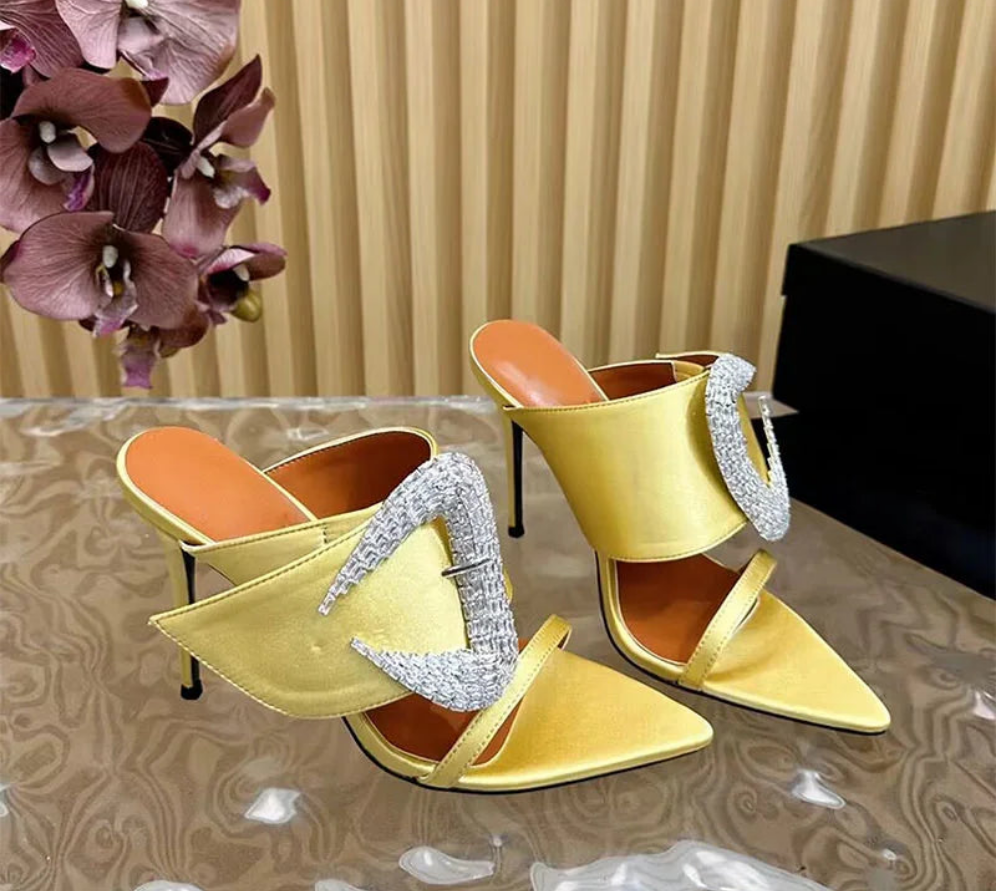 Satin Crystal Rhinestone Pendant Detail One Strap Peep Toe High Heel Pointed Toe Slingback Sandal Pumps