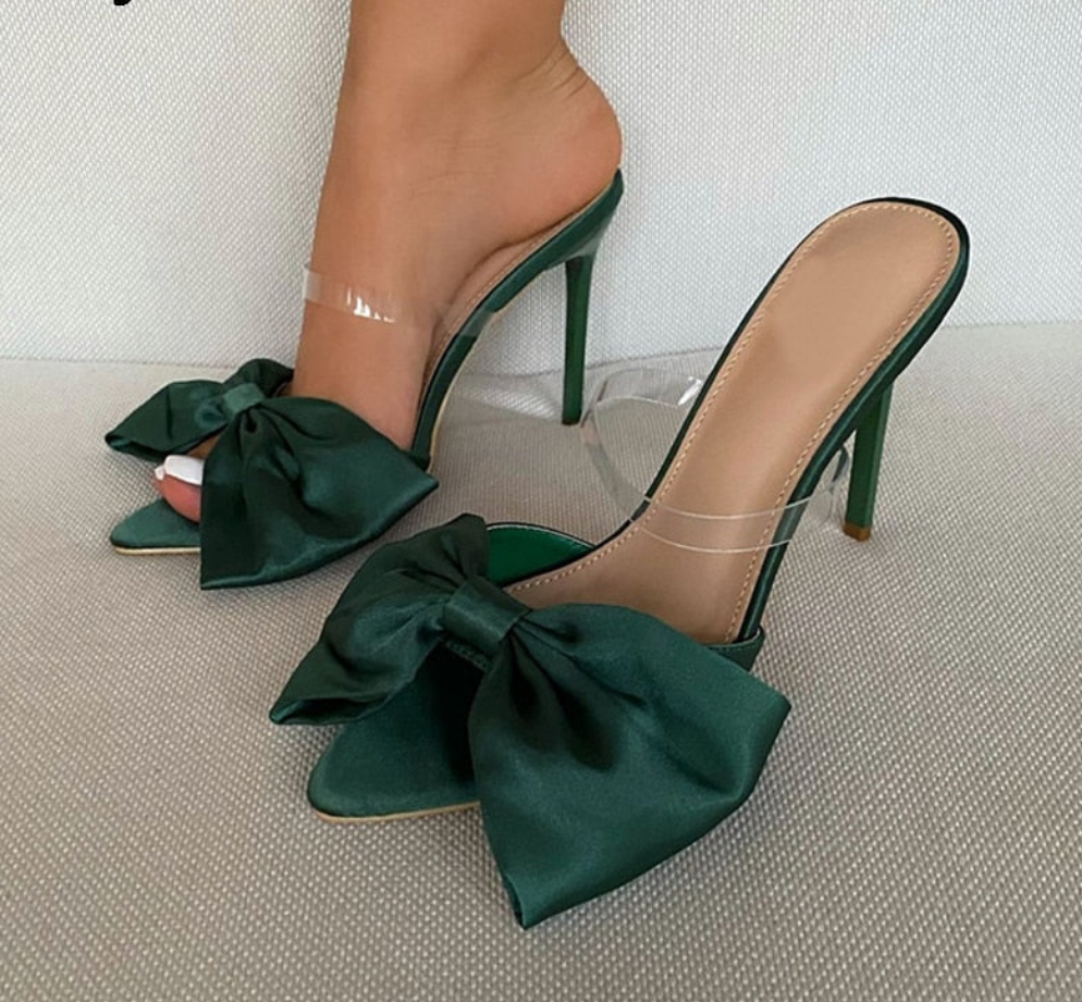 Silk Bow Butterfly Knot Open Toe Stiletto Heel Mule Slipper Sandal Pumps