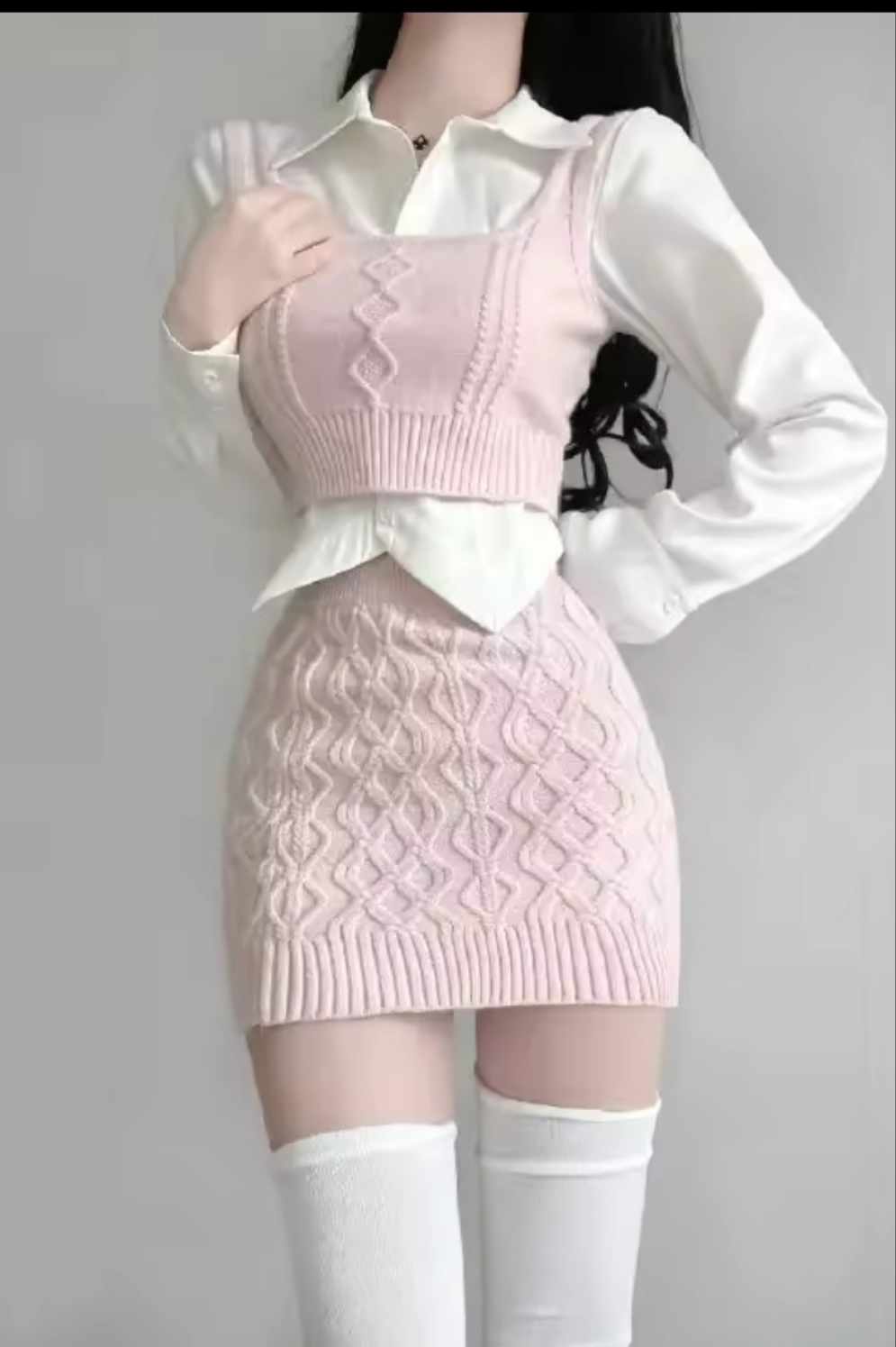 Knitted Sweater Vest + Mini Skirt + White Turn-Down Collar Long Sleeve Blouse 3-Piece Sweater Set