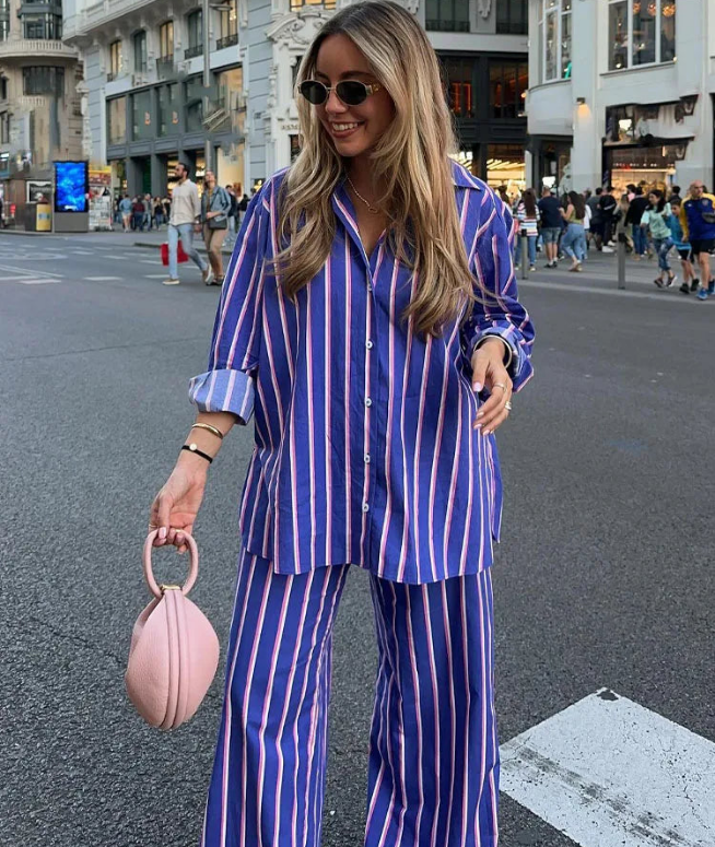 Striped Turn-Down Collar Long Sleeve Single Breasted Blouse + Elastic Waist Pants Women's 2-Piece Set