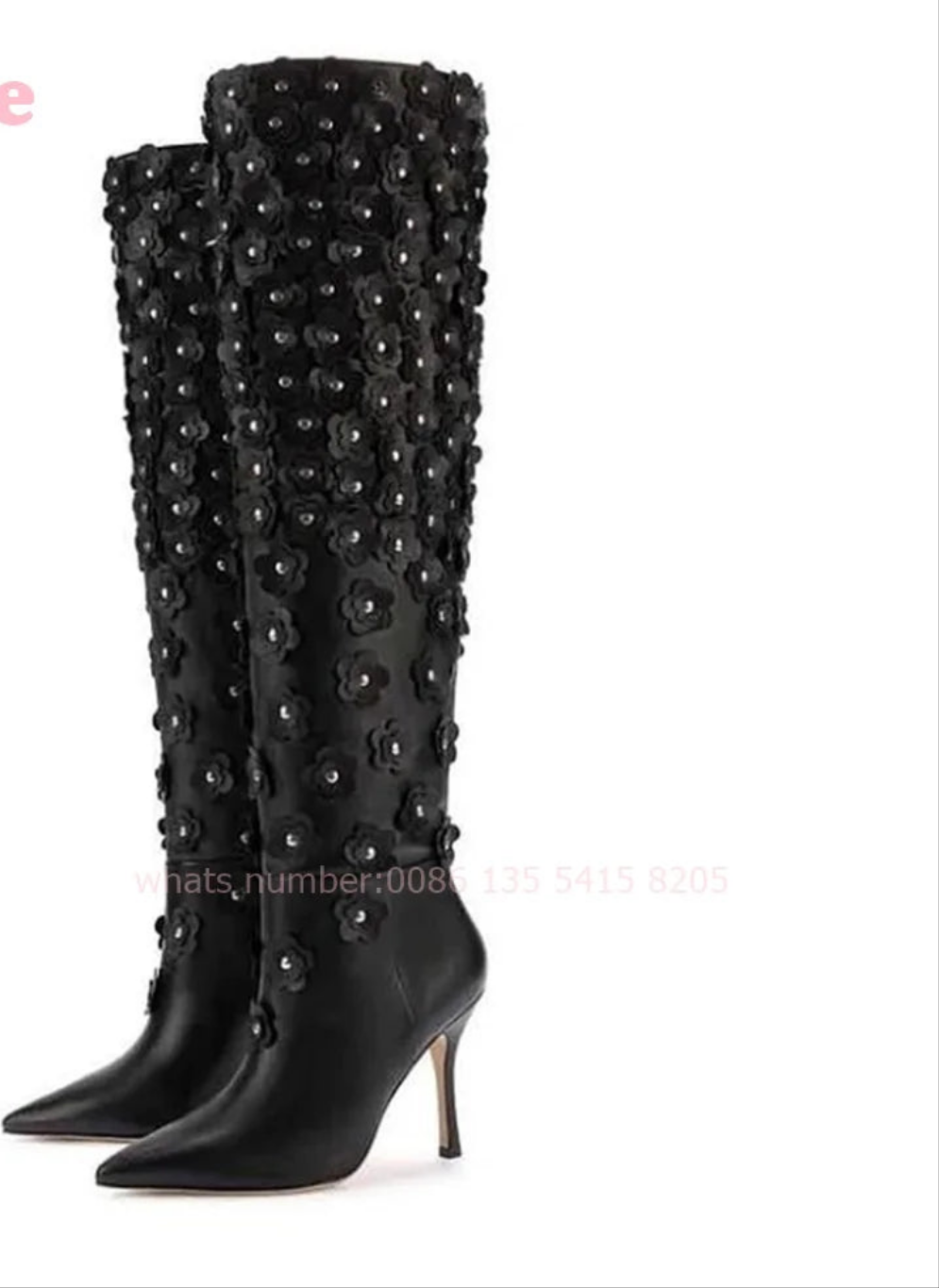 Black Leather Rhinestone Floral Embellished Pointed Toe Knee-High Stiletto Heel Slip-On Women's Boots