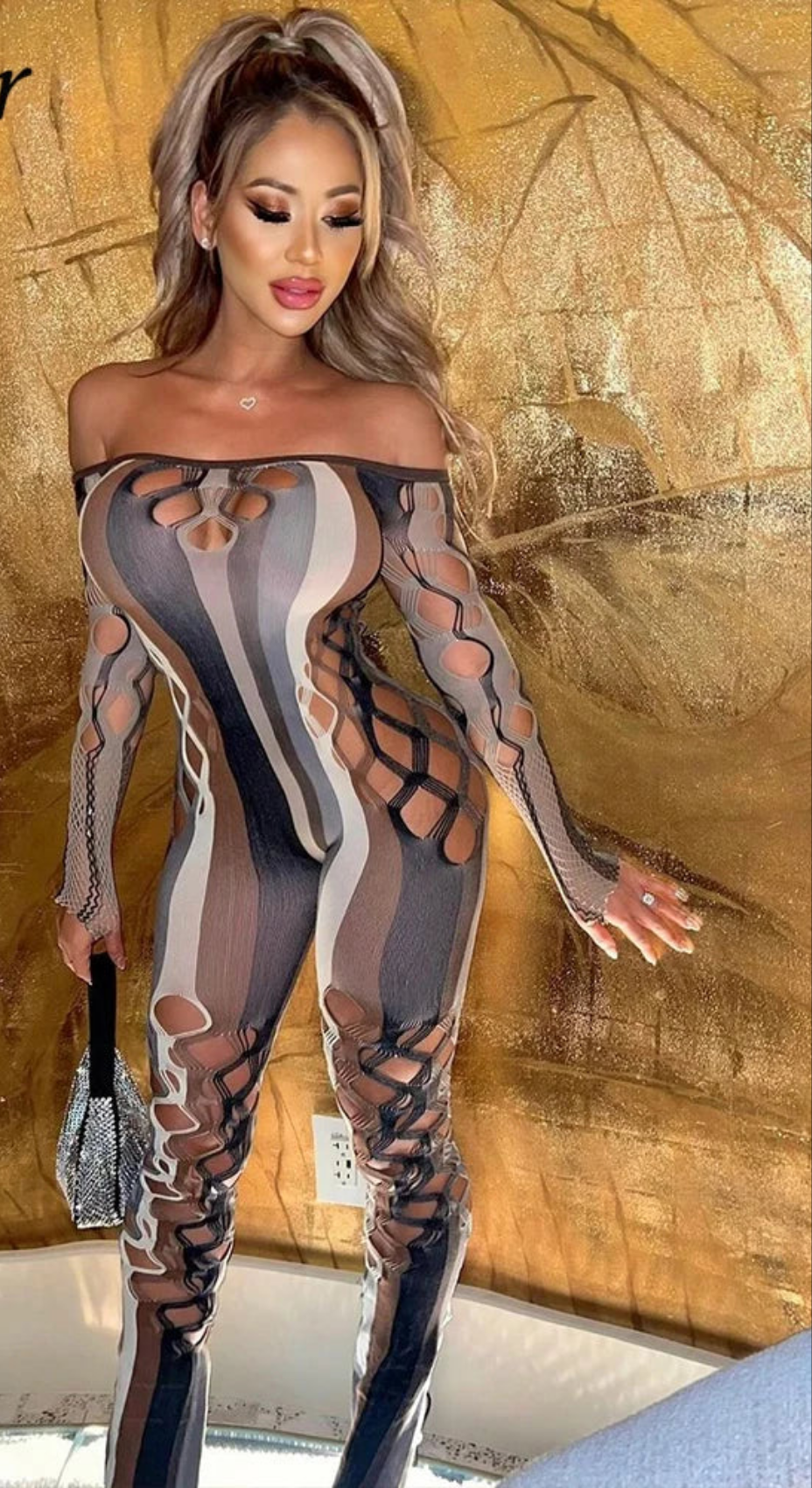 Off-the-Shoulder Colorblock Striped Fishnet Pattern Long Sleeve Women's Jumpsuit