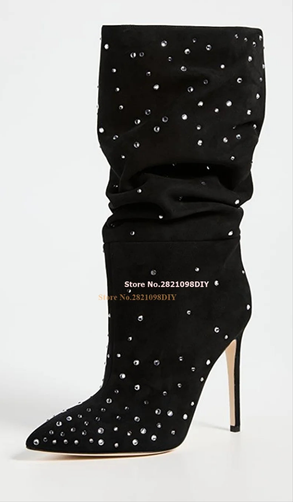 Ruched Rhinestone Embellished Solid Color Suede Crystal Thin Stiletto Heel Women's Ankle Boots