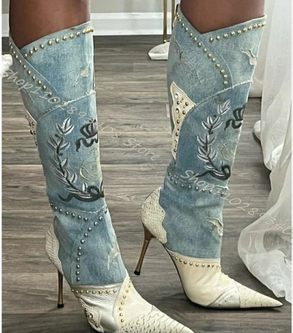 Western Rivet Patchwork Embroidered Spliced Pointed Toe Stiletto Heels Zipper Cowgirl Boots