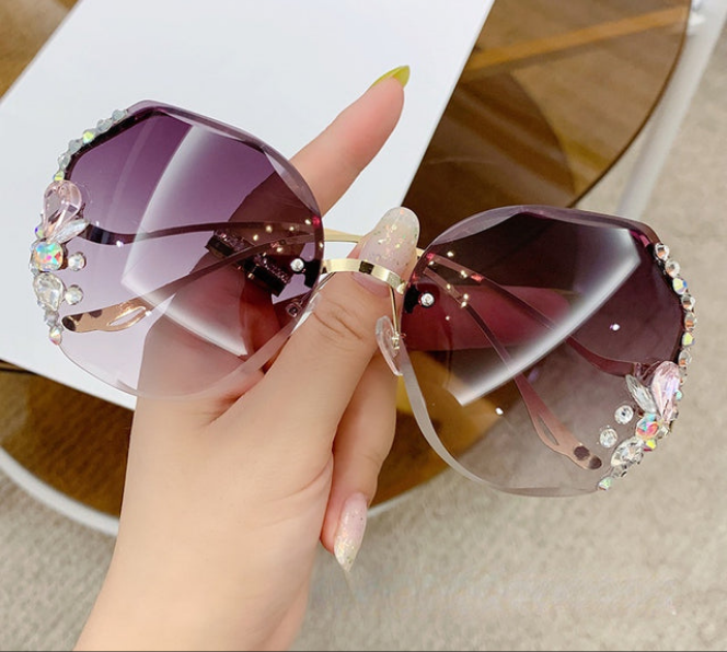 Ombre Gradient Rimless Vintage Bling Rhinestone Women's Sunglasses