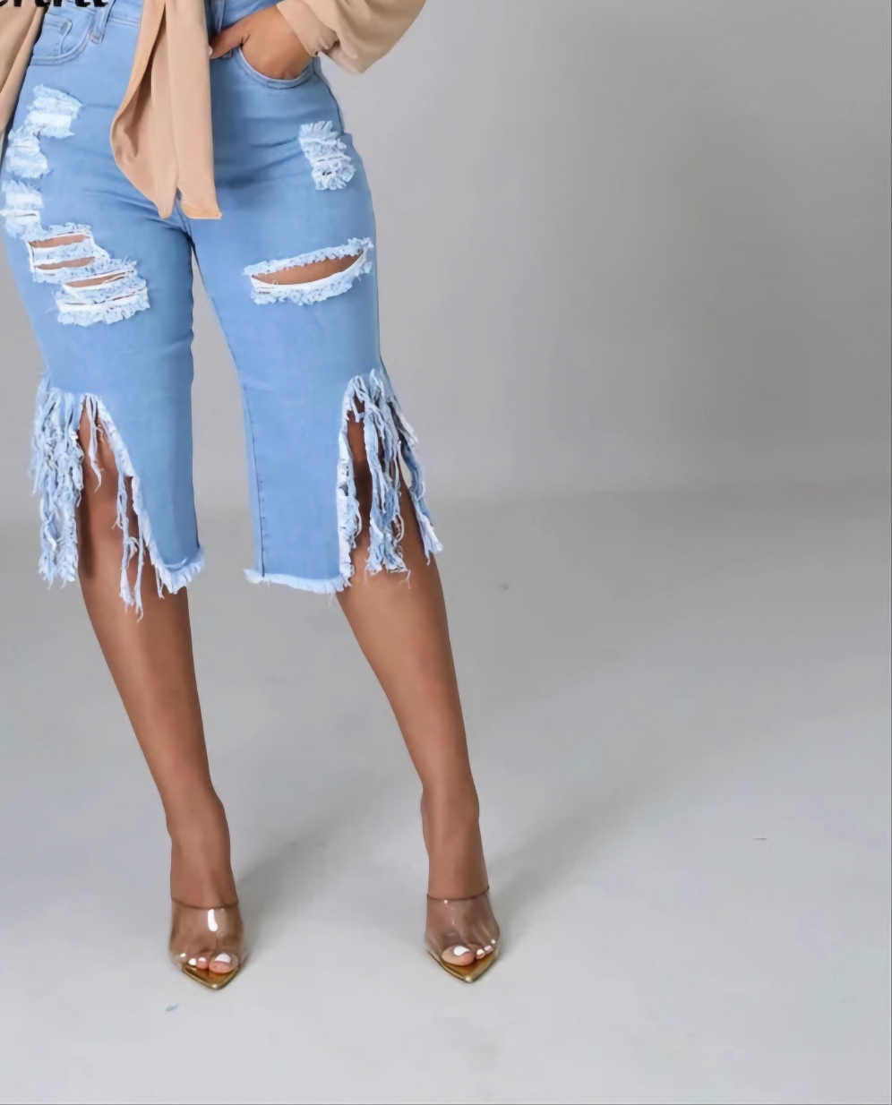 Black/Blue Bermuda Tassel Fringe Ripped Knee-Length Denim Capri Jeans