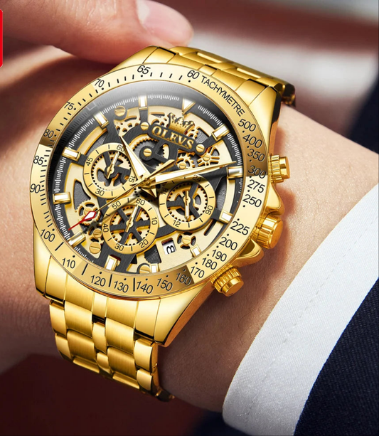 Men's Gold Stainless steel Chronograph Waterproof Luminous Quartz Watch