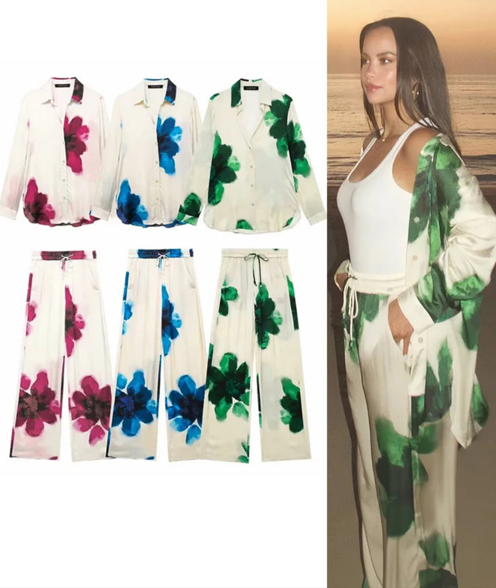 Floral Stain Print Button-Up Blouse + Elastic Waist Wide Leg Pants Women's Casual 2-Piece Sets
