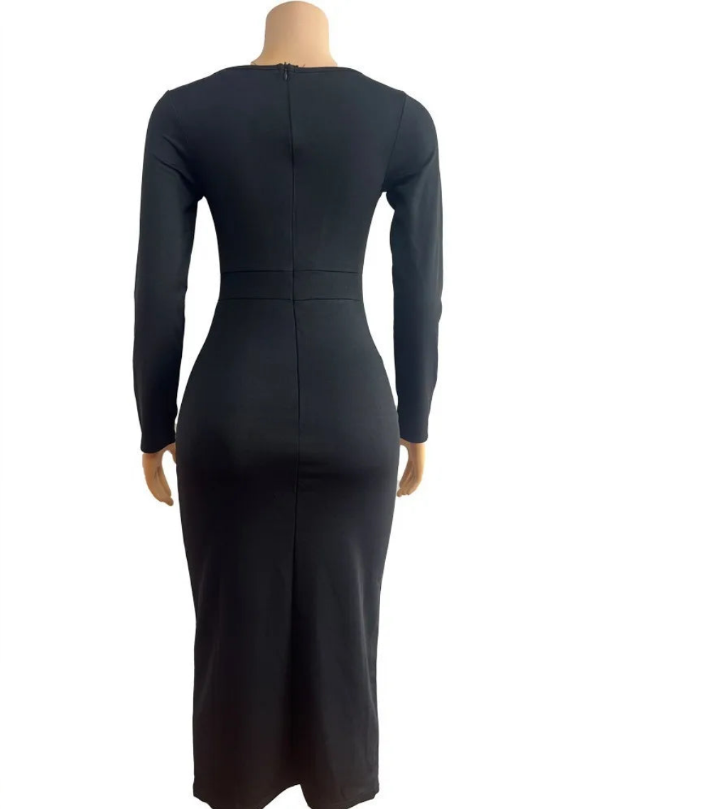 Corset Top French Bone Shape Design Solid Color Bodycon Midi O-Neck Long Sleeve Skinny Maxi Party Dress
