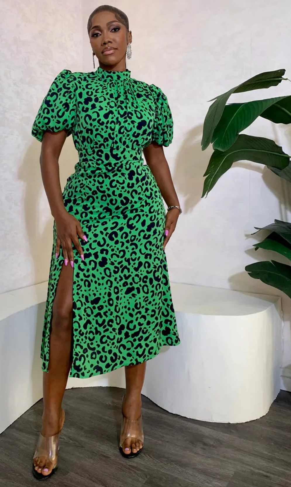 Leopard/Floral Puffed Short Sleeve High Waist High Side Slit Dress