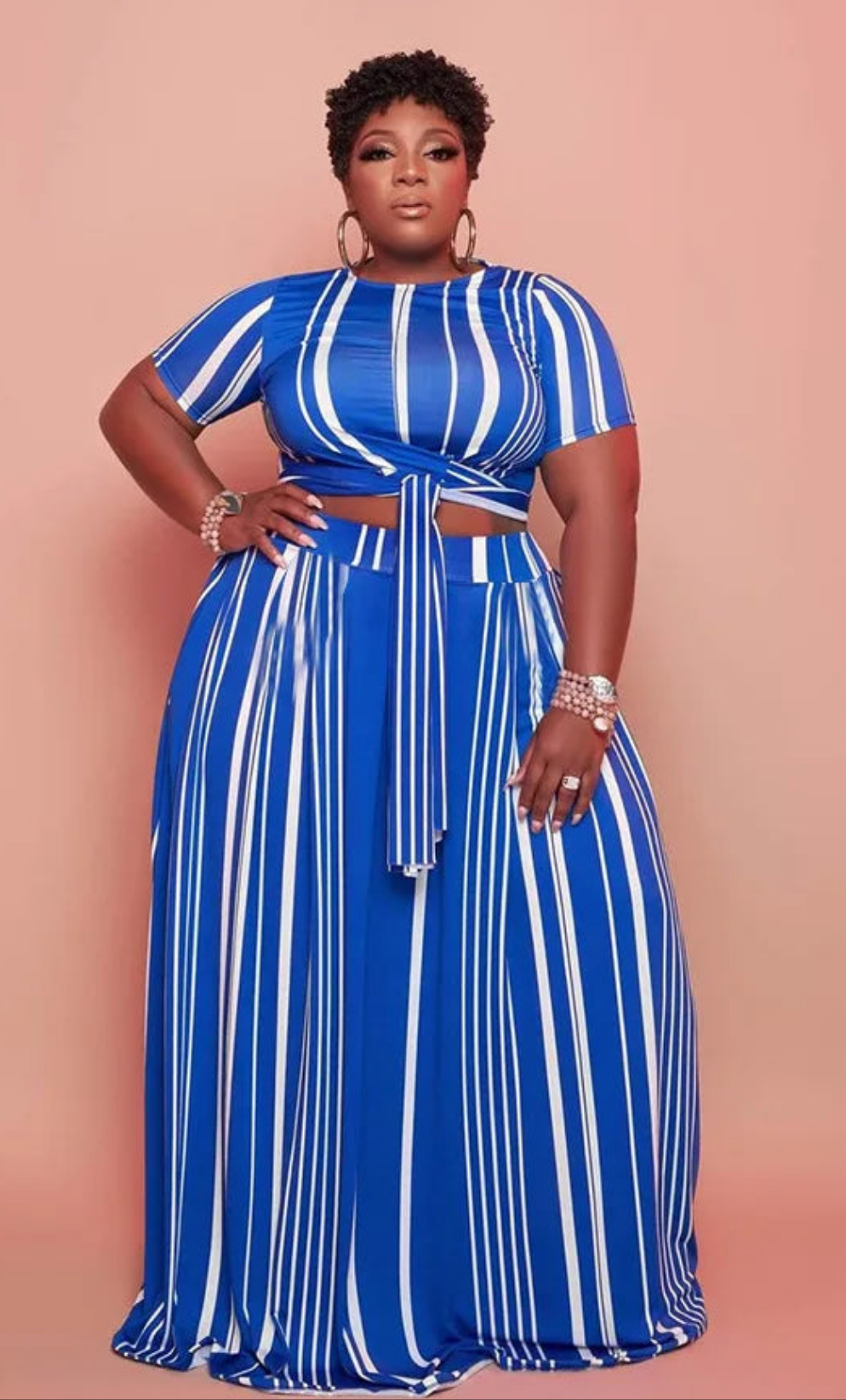 Striped Print Short Sleeve O-Neck Bandage Crop Top + Maxi Skirt 2-Piece Set to 5X Plus Size