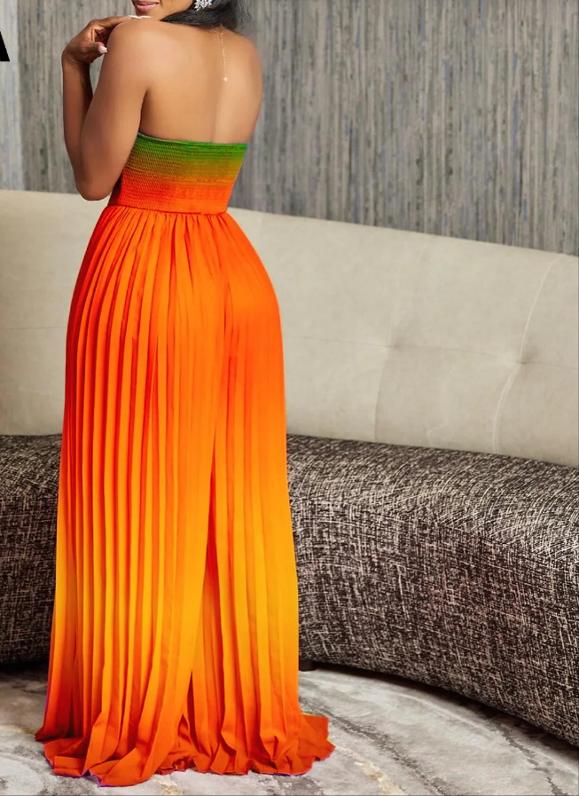 Gradient Ombre Sleeveless Pleated Strapless Wide Leg Tube Jumpsuit to 3X Plus Size