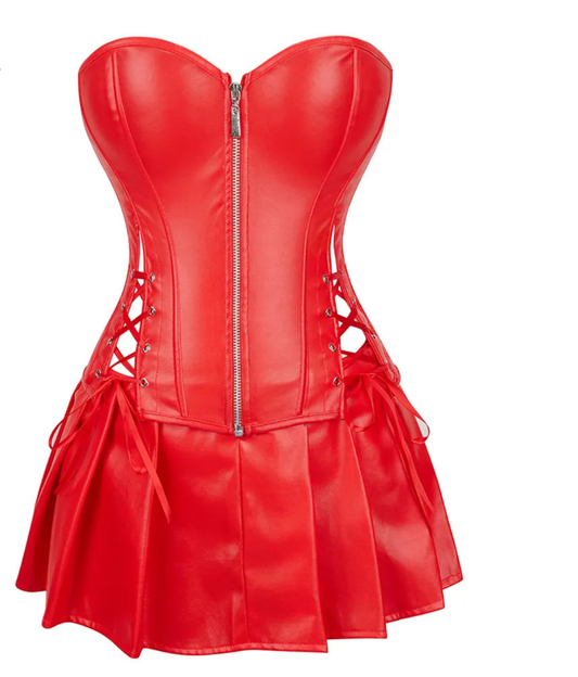 Faux Leather Zipper Front Overbust Bustier Corset Mini Dress