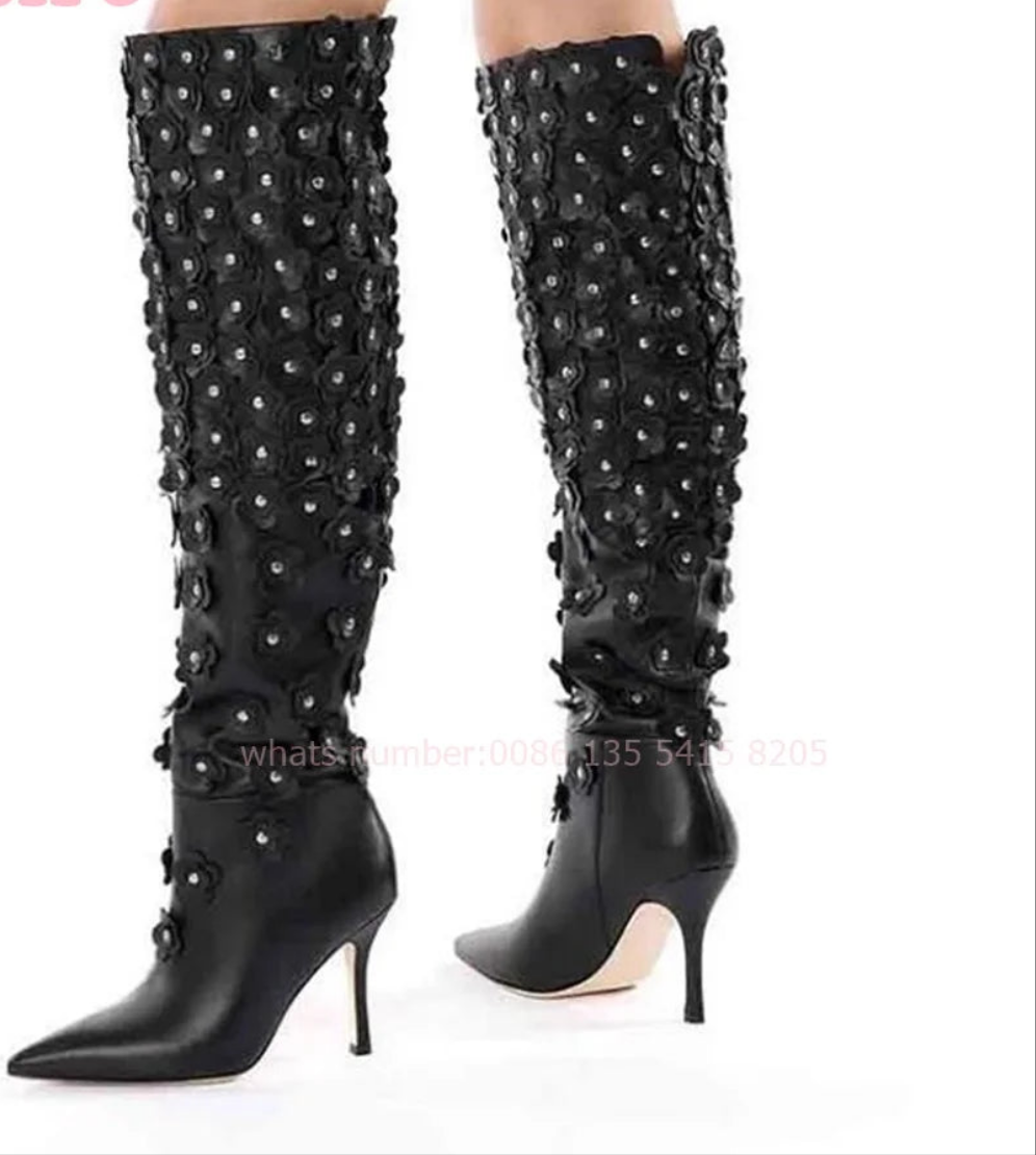 Black Leather Rhinestone Floral Embellished Pointed Toe Knee-High Stiletto Heel Slip-On Women's Boots