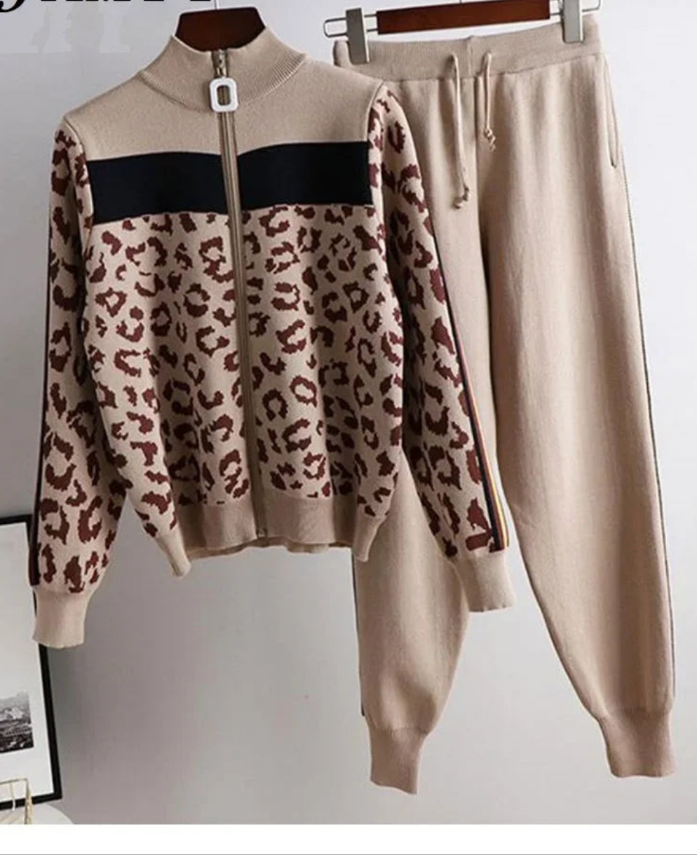 Leopard Colorblock Women's Zipper Cardigan Sweater + Knitted Side Striped Pants 2-Piece Set