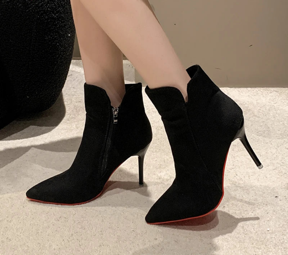 Red Bottom 10cm Stiletto Heels Zipper Back Women's Flock Ankle Boots