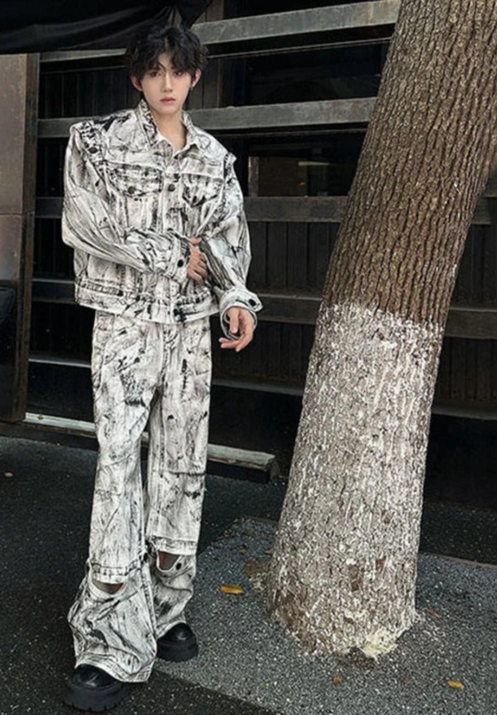 Men's White/Black Tie-Dye Print High Street Denim Pocket Design Jean Jacket + Wide Leg Cargo Jeans 2-Piece Set