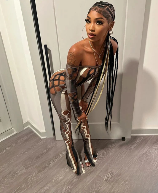 Off-the-Shoulder Colorblock Striped Fishnet Pattern Long Sleeve Women's Jumpsuit