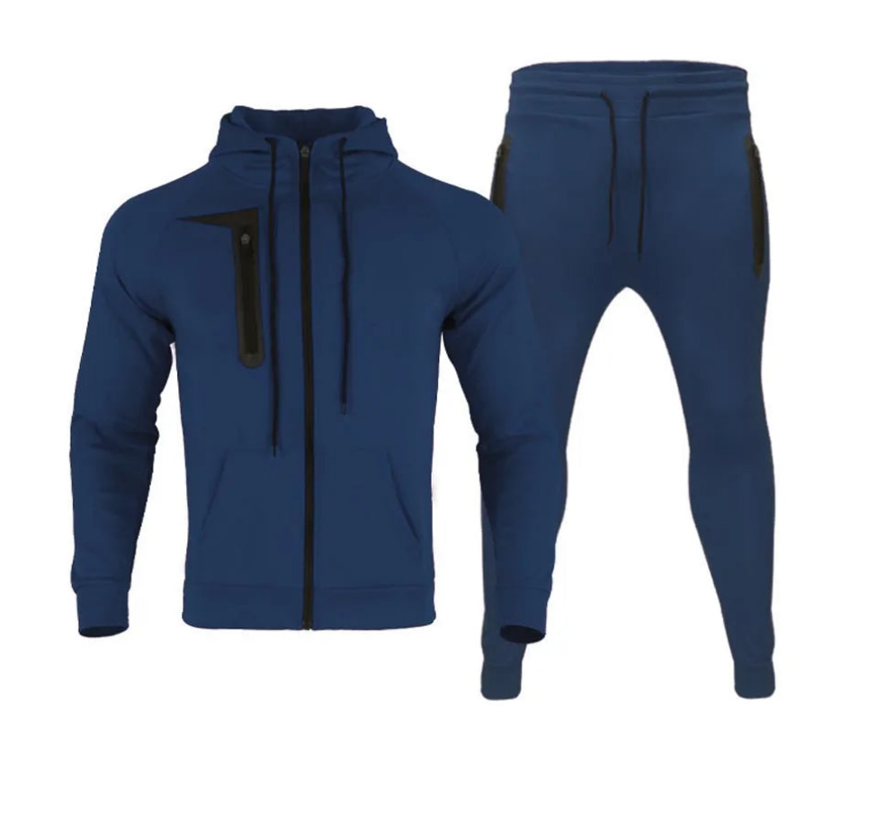 Men's Drawstring Zipper Cut-Out Hoodie Sweat Jacket + Elastic Waist Sweatpants Tracksuit