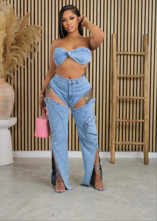 Denim Women's Strapless Tube Top + Hollow-Out Slit Jeans Pants 2-Piece Set