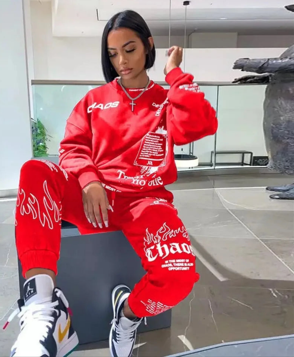 Flame Graffiti Letter Print O-Neck Long Sleeve Sweatshirt + Sweatpants Women's Tracksuit