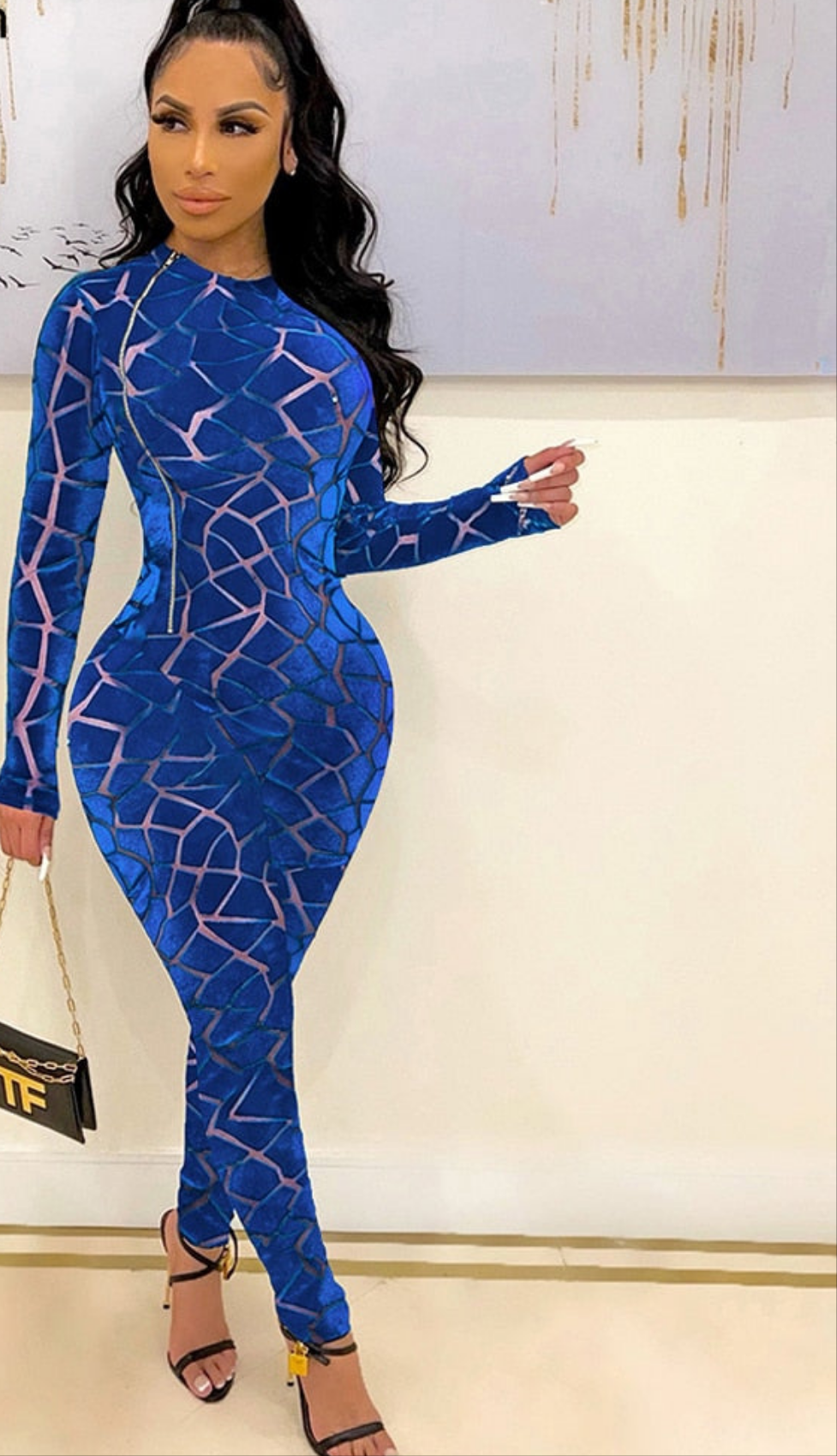 Crushed Velvet Geometric Pattern Long Sleeve Zipper Jumpsuit