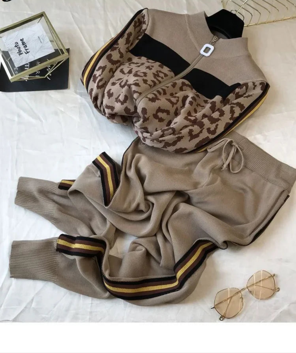 Leopard Colorblock Women's Zipper Cardigan Sweater + Knitted Side Striped Pants 2-Piece Set