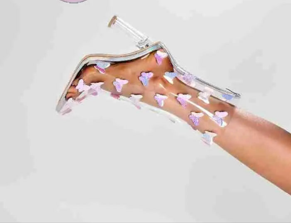 Butterfly Pink/Purple Embellished Crystal Heel Transparent Pointed Toe Zipper Back Ankle Boots