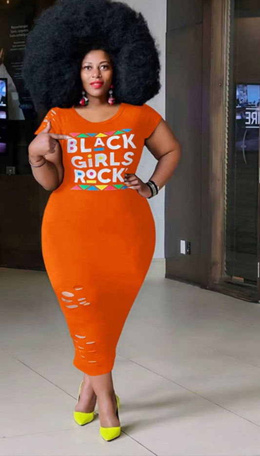 Ripped "Black Girls Rock" Plus Size Bodycon Short Sleeve Maxi T-Shirt Dress to 5X Plus Size