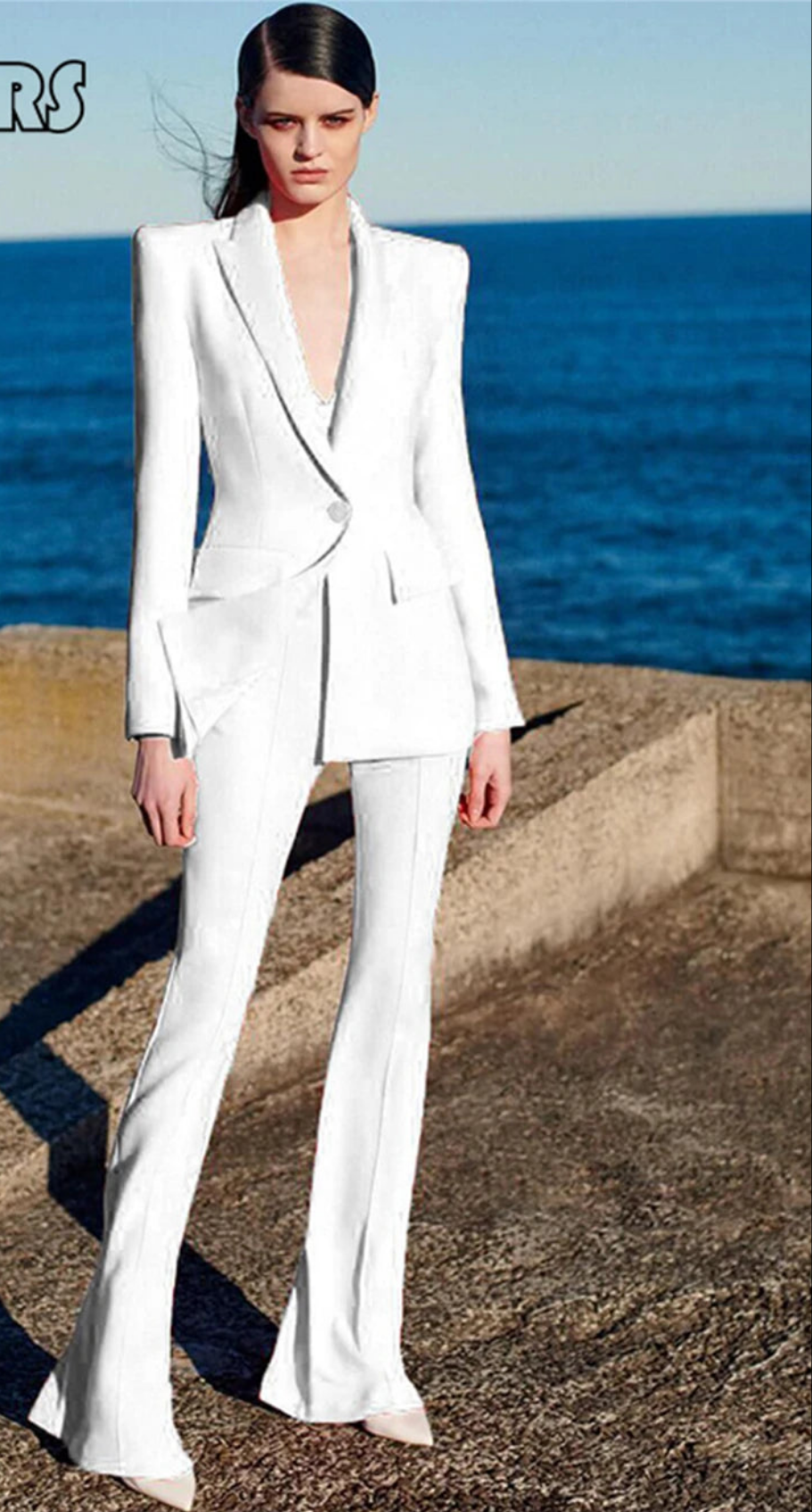 Gradient Colorblock Skinny Notched Women's Single Button Blazer Jacket + Flared Leg Pants Formal Suit