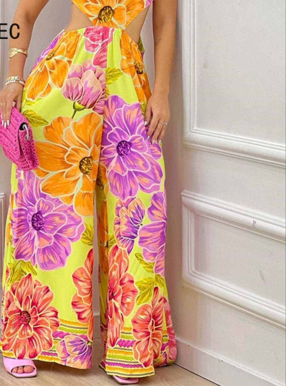 Pastel Flower Print Halter Lace-Up Sleeveless Backless Wide Leg Jumpsuit