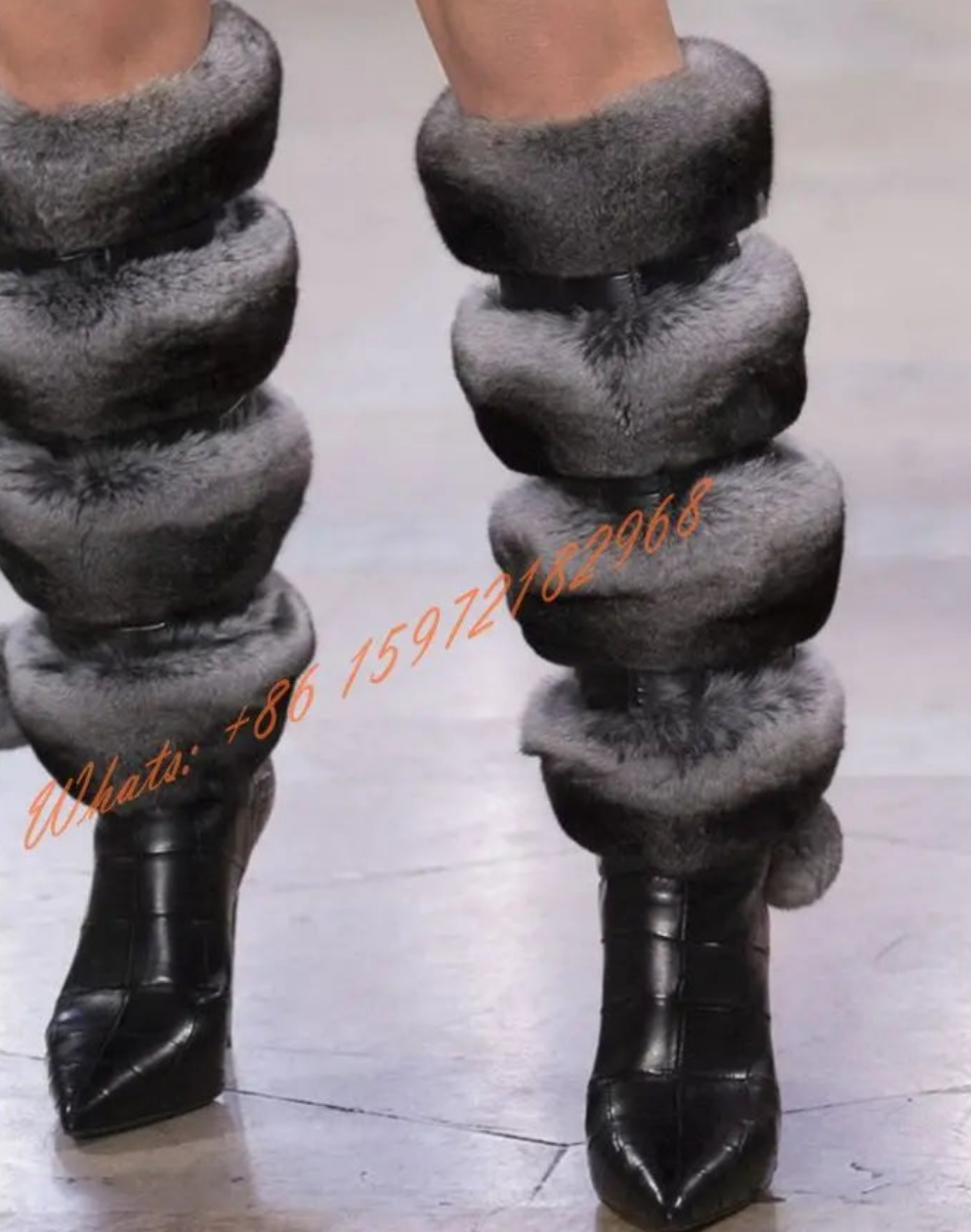 Cut-Out Women's Faux Fur Leather Pointed Toe Back Zipper Thin High Heel Knee High Runway Boots