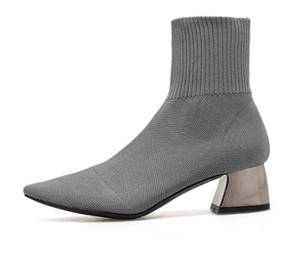 Knitted Solid Color Women's Stretch Low Heel Pointed Toe Ankle Boots