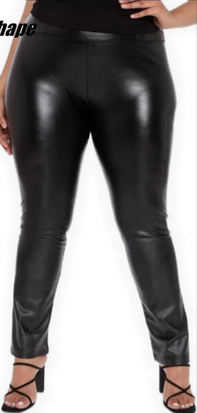 Black Faux Leather Plus Size Solid Color Women's High Waist Pants to 5X