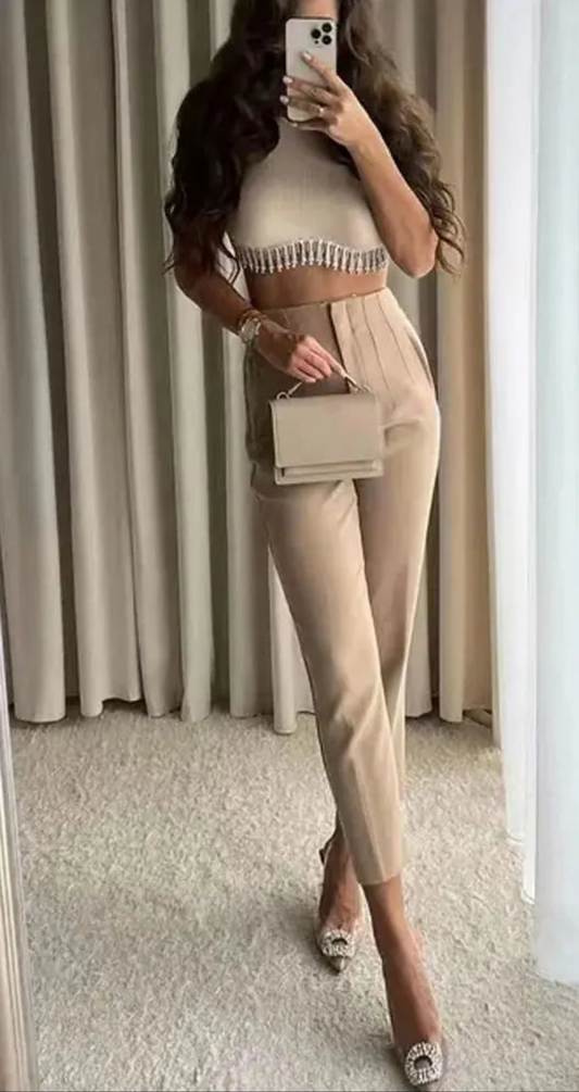 Business Casual Basic Solid Vintage High Waist Zipper Fly Women's Ankle Trouser Pants