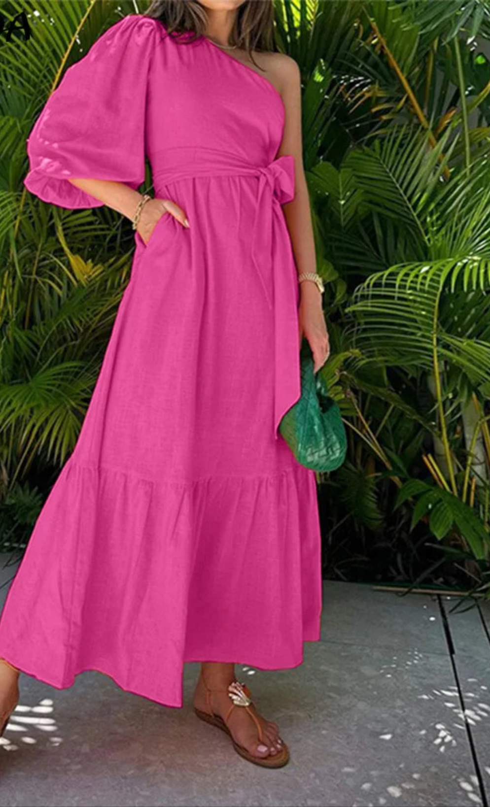 Bohemian Asymmetrical Solid Color One Shoulder Bandage 3/4 Sleeve Ruffled Maxi Dress to 5X