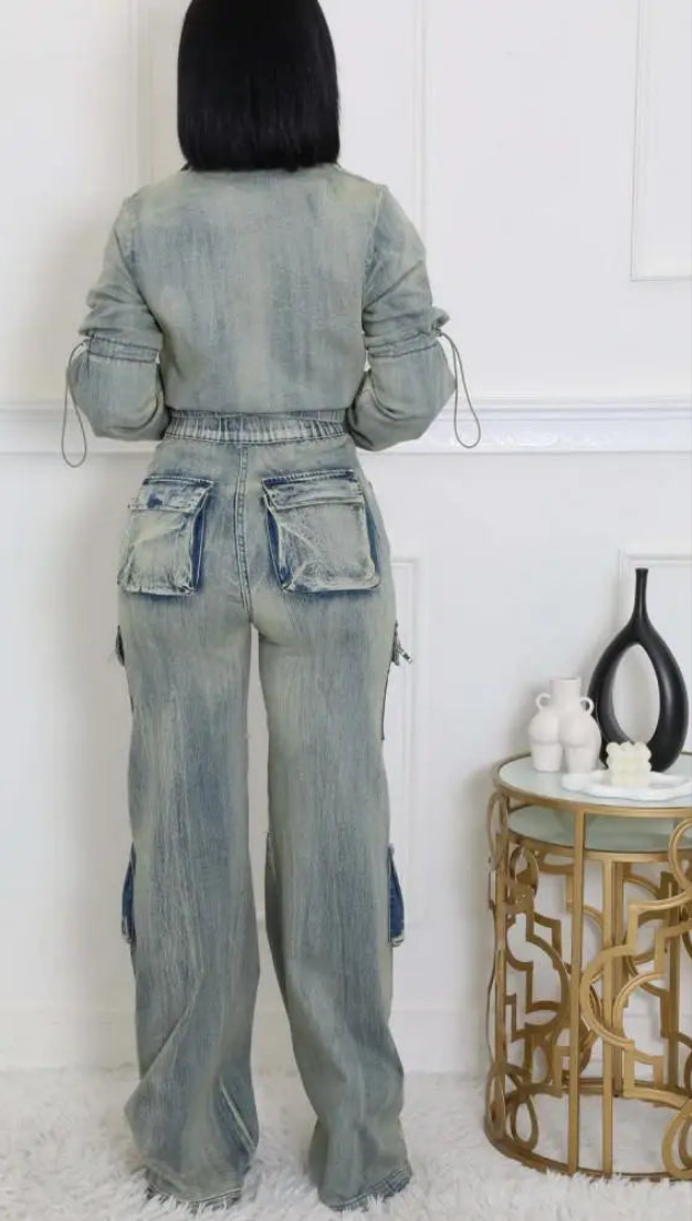 Stretch Faded Denim Women's Long Sleeve Zipper Jean Jacket + Cargo Multi-Pocket Straight Denim Jeans 2-Piece Set