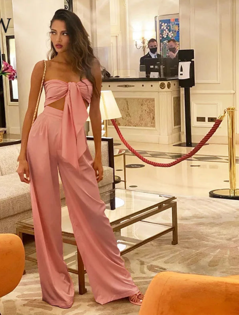 Bandage Slash Neck Bowtie Detail Strapless Crop Top + Wide Leg Pants Matching 2-Piece Set