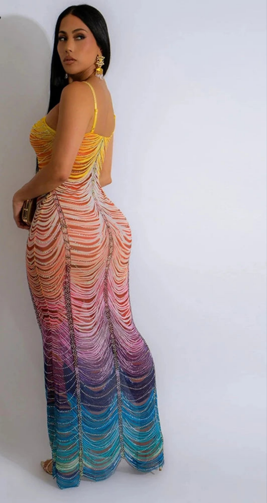 Rainbow Fringe Gradient Colorblock Rhinestone Tie-Dye Print Backless Sleeveless Formal Halter Maxi Dress