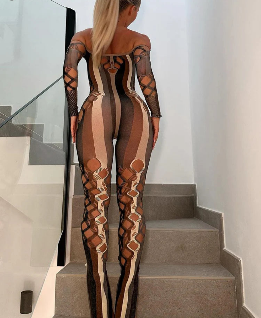 Off-the-Shoulder Colorblock Striped Fishnet Pattern Long Sleeve Women's Jumpsuit