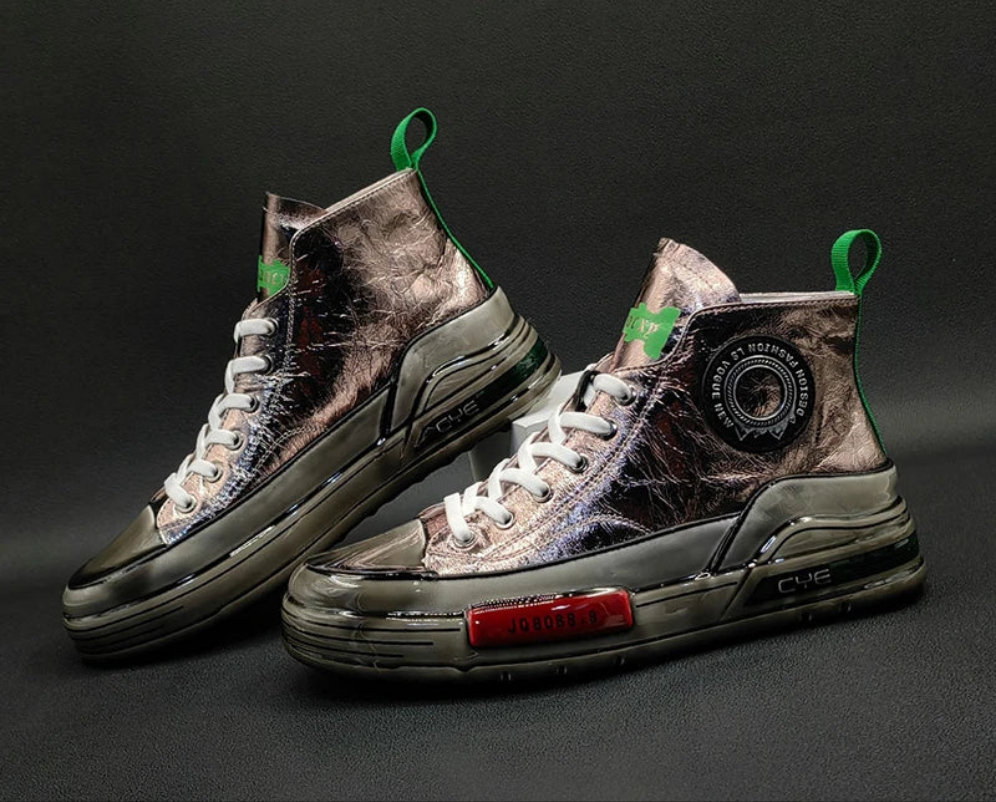 Men's Metallic Genuine Leather Rubber Sole Lace-Up Hightop Skater Sneakers
