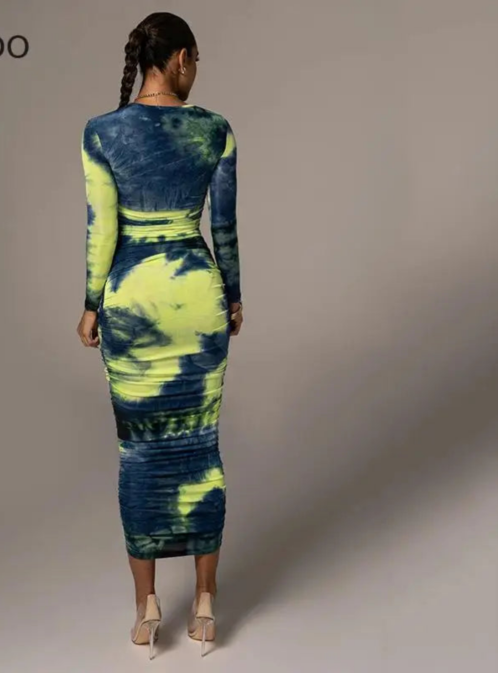 Tie-Dye Ruched Long Sleeve O-Neck Skinny Long Sleeve Maxi Dress