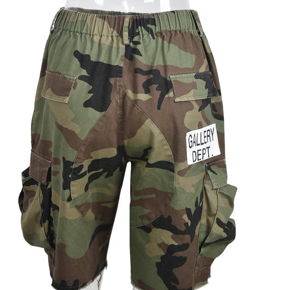 Camouflage High Waist Letter Printed Women's Multi-Pocket Baggy Cargo Shorts